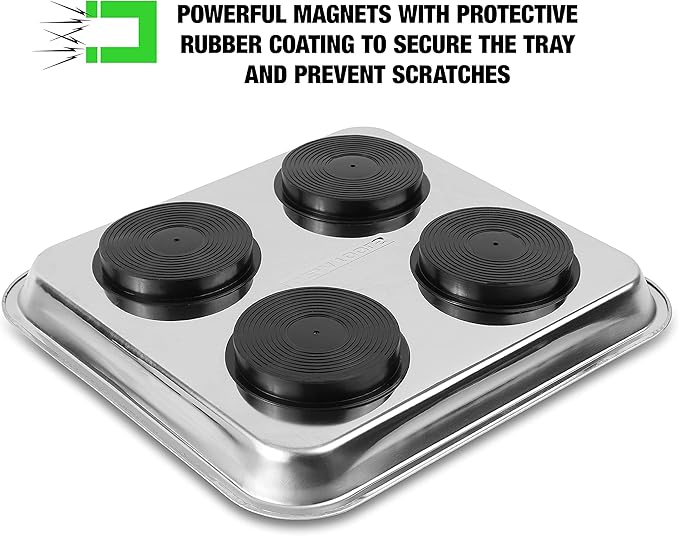 OEMTOOLS 25119 10 Inch x 11 Inch Square Magnetic Tray, Magnet Tool Holder, Heavy Duty Stainless Steel Construction, Tool Organizer Tray Securely Holds Small Parts and Fasteners