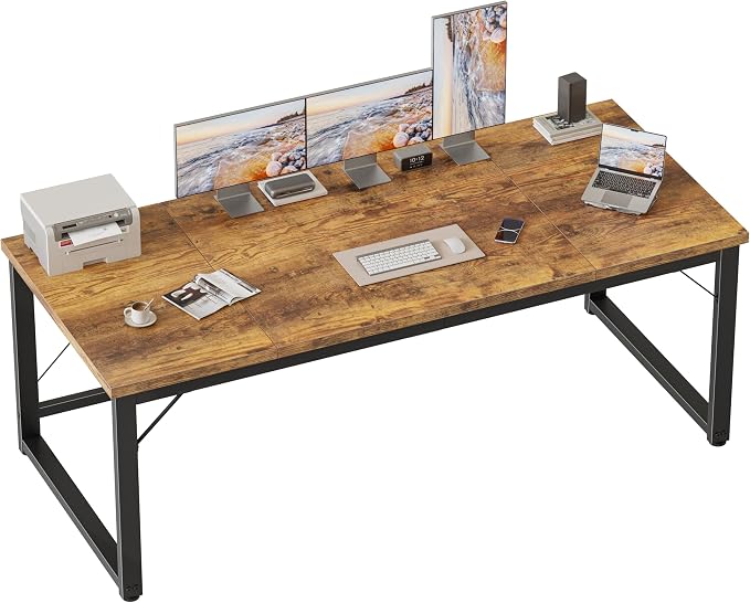Mericonia 63 Inch Computer Desk, 1" Thick Large Office Table, Brown | Modern Simple Style, Heavy Duty Industrial Frame, Large Study & Writing Table for Home Bedroom Work