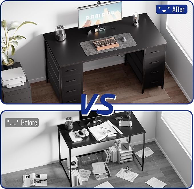 Pamray 47 Inch Computer Desk with 8 Fabric Drawers for Home Office Work | Ample Storage, Space-Saving, Suitable for Home Office Bedrooms Dorm Living Rooms for Study, Writing, Work