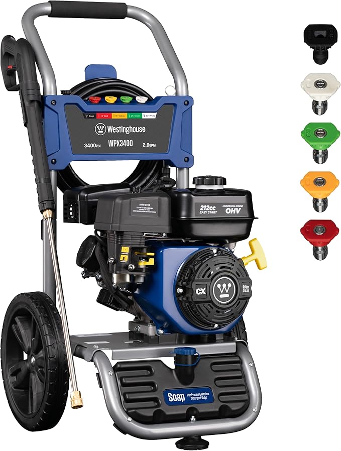 Westinghouse WPX3400 Gas Pressure Washer, 3400 PSI and 2.6 GPM, Onboard Soap Tank, Spray Gun and Wand, 5 Nozzle Set, for Cars/Fences/Driveways/Homes/Patios/Furniture