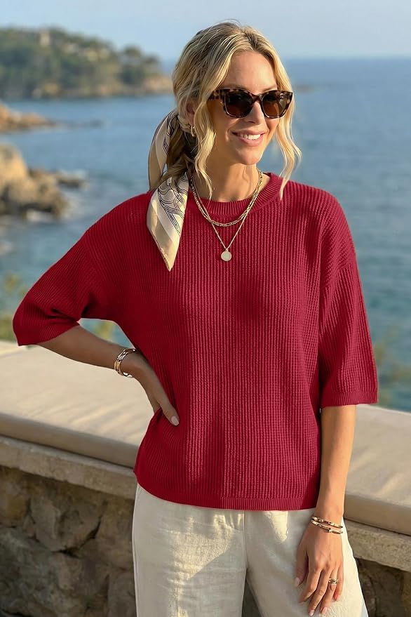 Arach&Cloz Womens Summer 100% Cotton Oversized Crochet Tops 3/4 Length Sleeve Sweater Hollow Out Casual Blouses 2026
