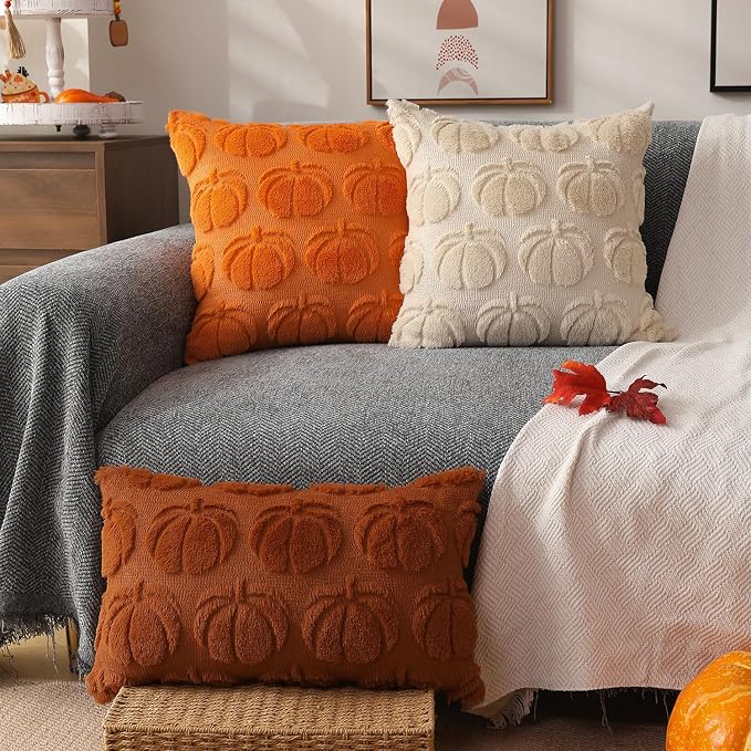 DFXSZ Fall Pillow Covers 20x20 2Pcs Beige Pumpkin Fall Decorations for Home | Fall decor Set of 2 Throw Pillow Cases Soft Plush Faux Fur Wool Couch Cushion for Chair Sofa Bedroom Living Room Home Decor