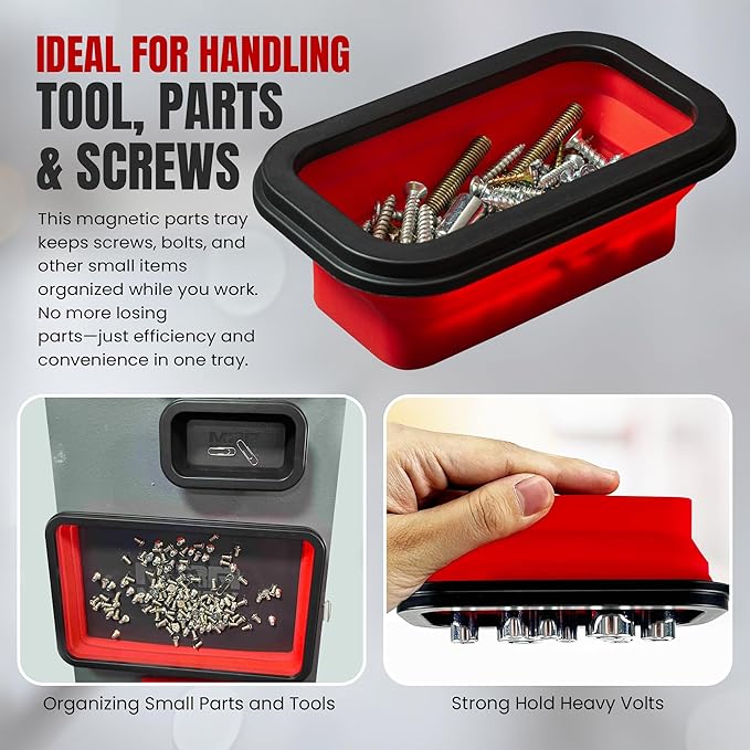 Magnetic Parts Tray Set 3-Pack - Collapsible Silicone Magnetic Tray with Strong Base - Multi-Size (Red)