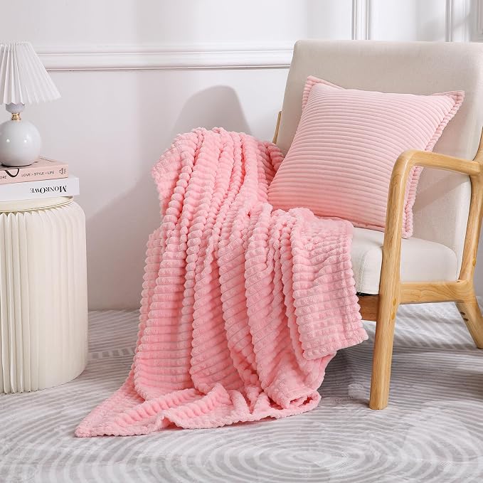 Puncuntex Fleece Throw Blanket Light Pink 90"×90" with Square Grid Design | Super Soft Plush Cozy Flannel Throw Blanket Luxury for Couch Sofa Chair
