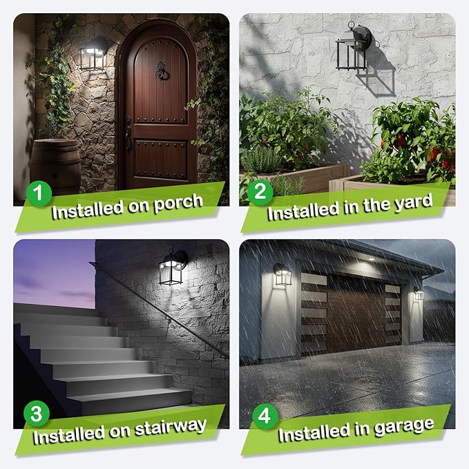 LIT-PaTH Dusk to Dawn Outdoor Wall Lantern, LED Wall Sconce, 5000K Daylight White, 9.5W, 800 Lumen, Aluminum Housing Plus Glass, Outdoor Rated, 2-Pack, Black