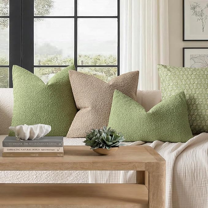 Foindtower Pack of 2, Decorative Textured Boucle Throw Pillow Covers Neutral Accent Solid Pillow Cases Soft Couch Cushion Case for Chair Sofa Bedroom Living Room Home Decor 22x22 Inch Leaf Green