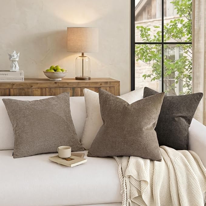 a moment Pack of 2 Decorative Chenille Throw Pillow Covers with Twill Cushion Covers for Sofa Living Room Couch Bed 24x24 Inch Dark Brown