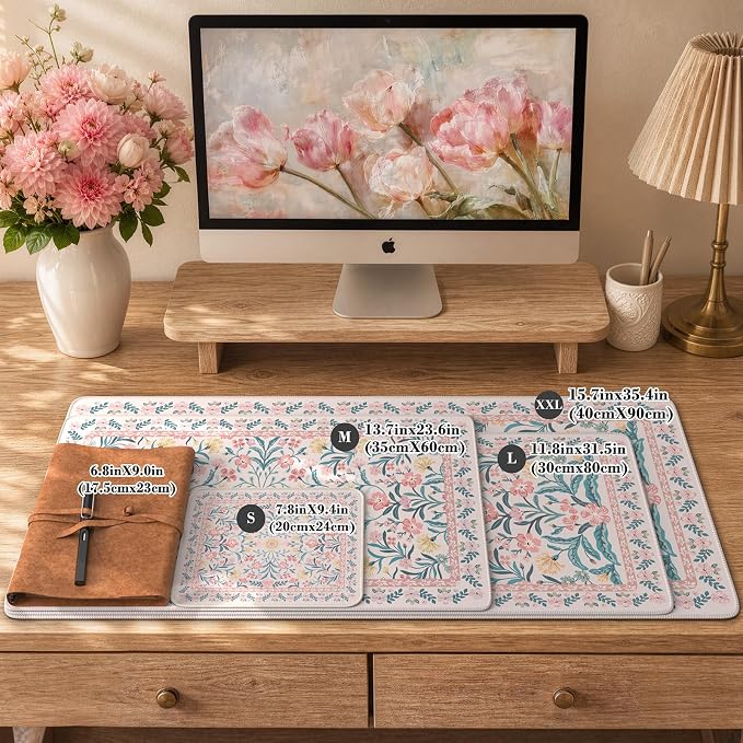 iCasso Aesthetic Desk Mat,31.5x11.8in Mouse Pads, Pink Floral | Anti-Slip Mousepad with Stitched Edges, Waterproof Computer Pad , Desk Accessories Office Decor for Women