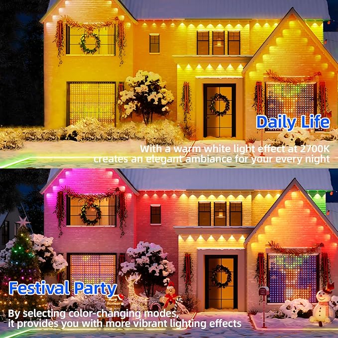 Permanent Outdoor Lights Pro, 150ft with 108 RGB LED Lights for Daily and Accent Lighting,IP65 Waterproof Smart Eaves String Lights with App & Remote,Rainbow Light for Halloween,Christmas-150FT