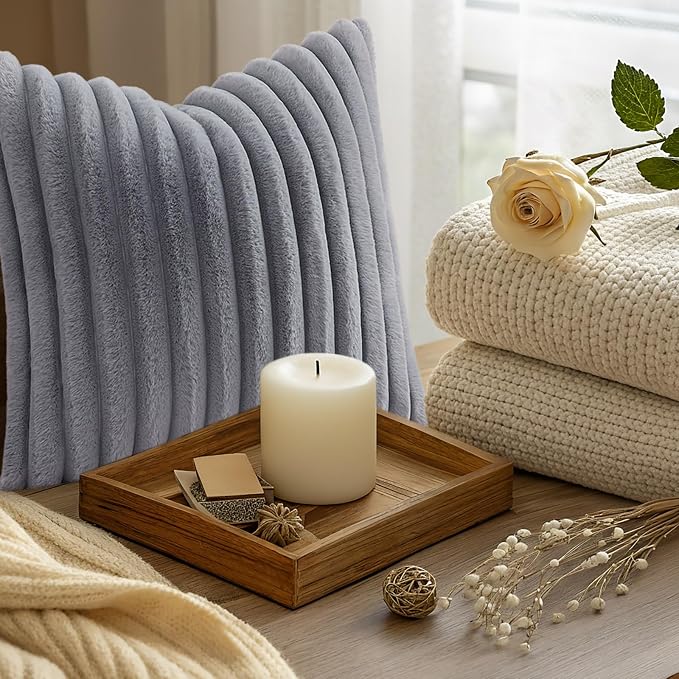 decorUhome Fall Faux Fur Throw Pillow Covers 24x24 Set of 2 Grey | Decorative Soft Cozy Striped Plush Modern Farmhouse Boho Couch Pillow Cases Velvet Back for Sofa Bed Living Room Home Decor