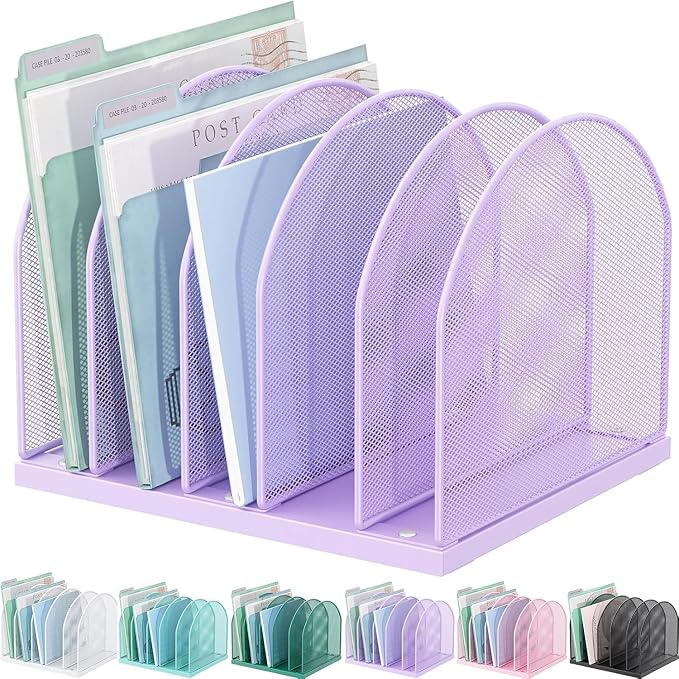gianotter Desktop File Organizer with 5 Compartments | Desk Organizer Paper Organizer for Desk Workspace Organizers for Office Supplies (Purple, Upright Style)
