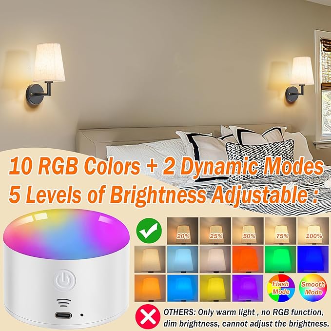 Wall Sconce Battery Operated Wall Light Fixure with Remote Control, Dimmable Battery Operated Wall Sconces Set Of Two, Indoor Wireless Wall Mounted Lamp with Rechargable Bulb For Bedroom Living Room (