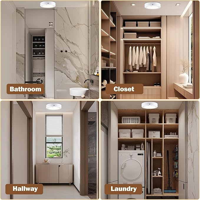LIT-PaTH Battery Operated Motion Sensor Ceiling Light, 6.1inch 5000K Wireless Motion Light Indoor, 140 Lumens Battery Powered Cordless Lamps for Hallway Stair Laundry,2-Pack(Battery Not Included)