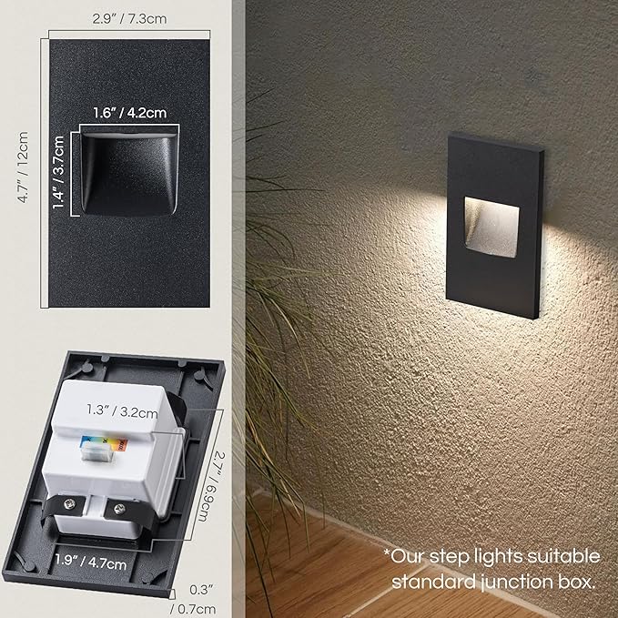 FTL Stair Lights Indoor LED Outdoor Step Lights, 12V Low Voltage 3000K/4000K/5000K Color Changing 3.5W 150LM Stairway Lighting, Waterproof Vertical Deck Step Lights Black Aluminum, 6-Pack