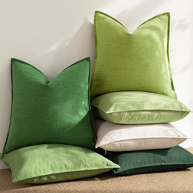 Foindtower Pack of 2, Decorative Linen Solid Throw Pillow Covers Soft Accent Euro Cushion Case Boho Farmhouse Pillowcase for Chair Couch Sofa Bedroom Living Room Home Decor 24 x 24 Inch Forest Green