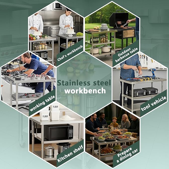 Stainless Steel Table with Wheels for Food Preparation and Work, Multi-Size Optional, Three-Layer Variable Two-Layer Metal Commercial Workbench Outdoor, Restaurant, Kitchen (48" Lx32 Wx34 H)