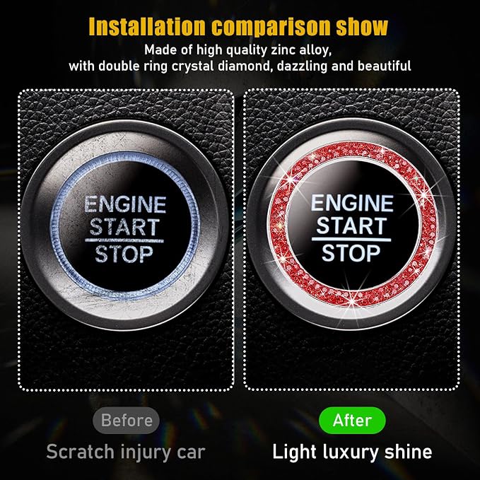 Kewucn 2 PCS Bling Crystal Double Rhinestone Car Engine Start Decoration Ring, Sparkling Push Start Button Sticker, Key Ignition & Knob Ring Decoration, Bling Car Interior Accessory(Red)