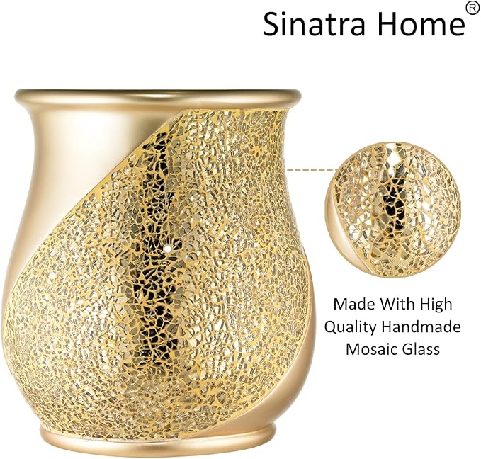 Zahari Home 2pc Sinatra Modern Bath Accessories Set Waste Basket & Tissue Box Champagne Gold Modern Decorative Beautiful Designs Bathroom Decor Set for Home Luxury Bath Set Mosaic Glass
