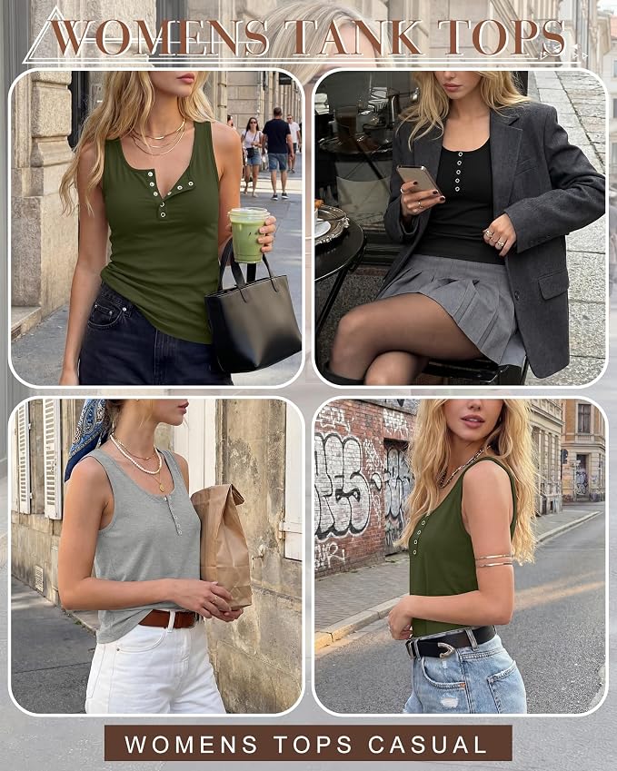 Ficerd 3 Pack Women's Henley Tank Tops Sleeveless Button Down Summer Shirts 2026 Casual Trendy Loose U Neck Tee Blouses
