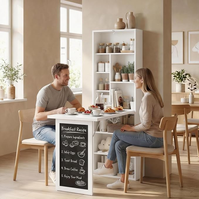 HOMCOM Foldable Convertible Writing Table Space-Saving Computer Desk White | Wall Mounted Design, Chalkboard, Storage Shelves, for Small Spaces, Home Office, Bedroom, Dorm, Apartment