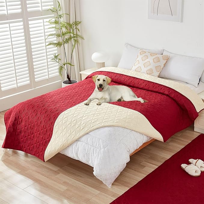 GIBZ Water Resistant Dog Bed Blanket Cover Large Anti Slip Pet Furniture Protector Washable Cat Quilted Mat for Couch, Red, 210x260cm