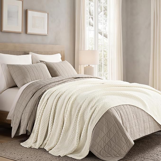 EVERGRACEHOME Chunky Chenille Knit Throw Blanket, 108x92, Ivory White | Sculpted Moss Stitch, Chic Modern Farmhouse, All-Season Warmth, OEKO-TEX® Certified, Oversized King for Couch, Bed, Sofa