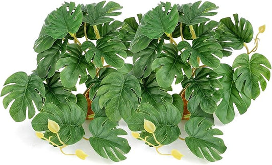 2Pcs Reptile Plants for Terrarium, Amphibian Habitat Decor Plant, Snake Tank Accessories, Artificial Plants for Gecko Lizard Chameleon Tortoise with Base - Fake Monstera