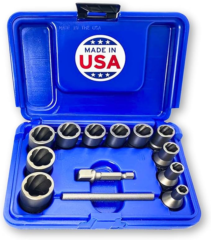 13 Piece Bolt Extractor Set | Made in USA Turbo Sockets for Stripped, Rounded, Frozen Bolts & Nuts | ⅜” Drive Impact Grade Lug Nut & Bolt Remover Kit | Nut Extractor Socket Set