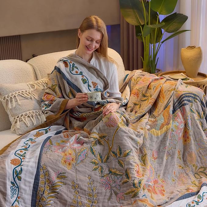 XIBLC Boho Blanket, 100% Cotton Farmhouse Decorative Throw Blanket, 50"x60" Reversible Bohemian Throw Blanket, Brown All Season Muslin Breathable Woven Blankets Quilt