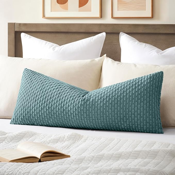 Kevin Textile Soft Corduroy 20"x54" Body Pillow Cover 1 Pack, Blue | Boho Stripe Plush Corduroy Decorative Oblong Cushion Cover Modern Farmhouse Home Decor for Sofa Couch Bed Chair