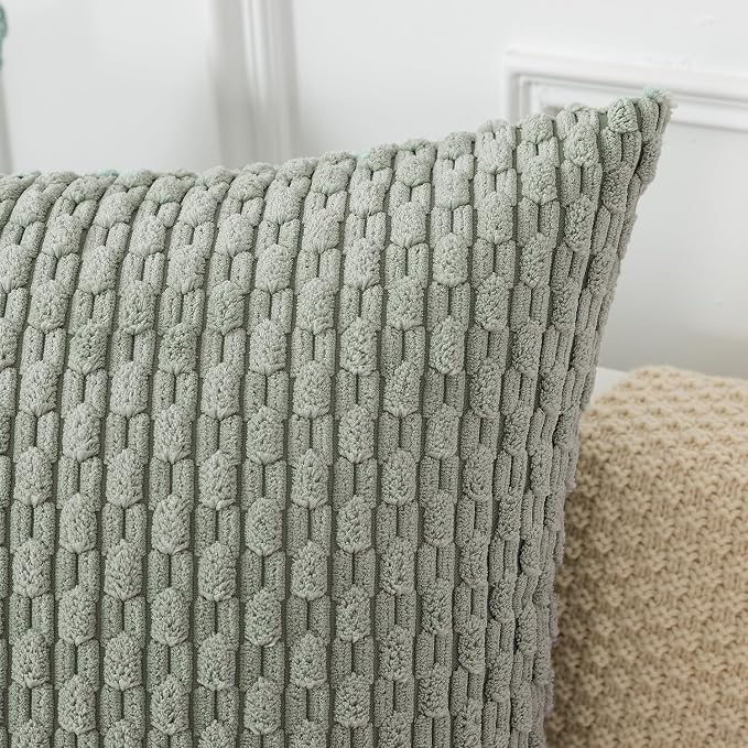 Kevin Textile Soft Corduroy 14"x20" Lumbar Pillow Cover 1 Pack, Grey Green | Boho Stripe Plush Corduroy Decorative Oblong Cushion Cover Modern Farmhouse Home Decor for Sofa Couch Bed Chair