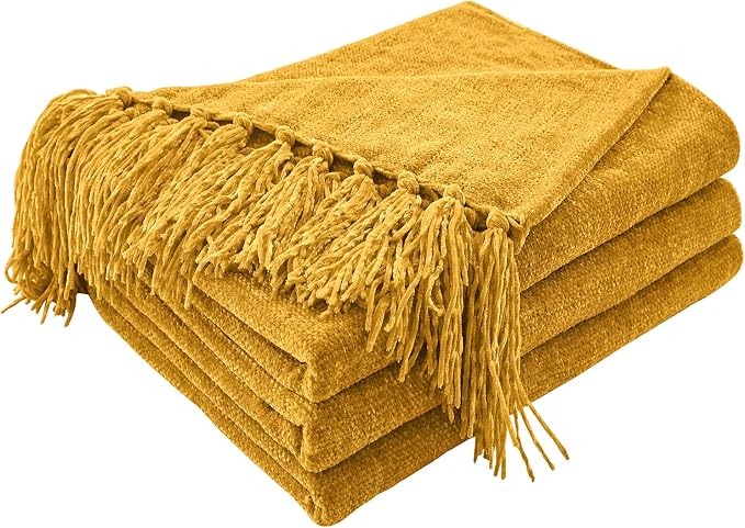 CozeCube Chenille Throw Blanket, Harvest Gold Fringe Blanket, 60"X80" | For Couch, Cozy Plush Fuzzy Decorative Blanket with Fringe Tassels, Lightweight Throws for Bed Sofa Gift Home Decor