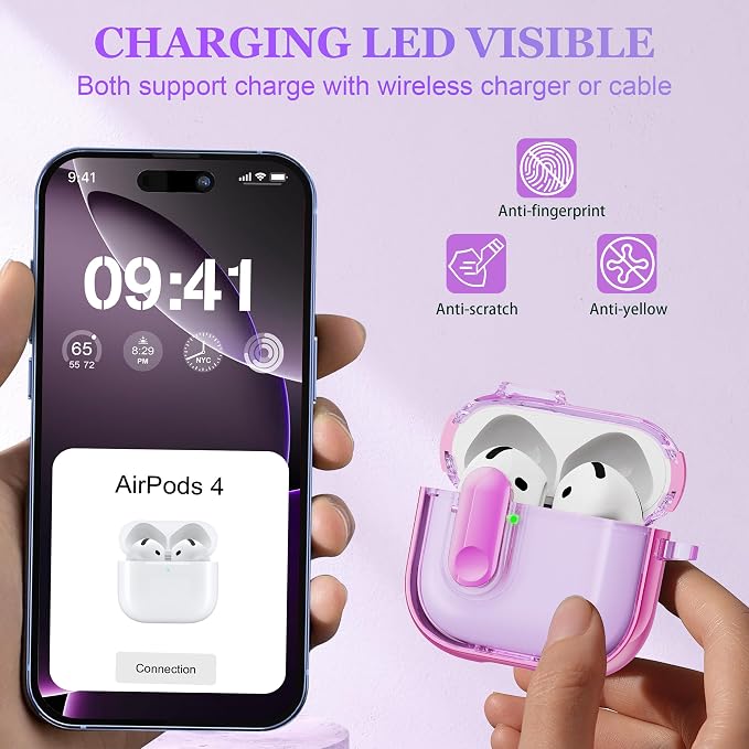 for AirPods 4th Generation Case 2024 with Bright Plated Bezel and Switches, Military-Grade Shockproof Transparent Anti-Yellowing for AirPods 4 Cover, Purple