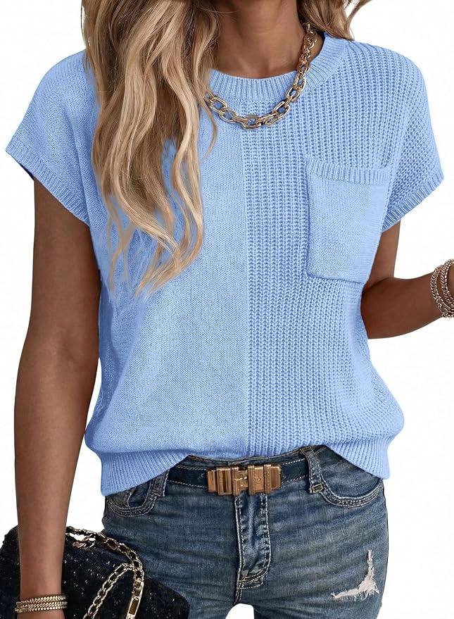 Dokotoo Summer Knit Tops for Women Sleeveless Crewneck T Shirts Casual Lightweight Sweater Blouses Shirts