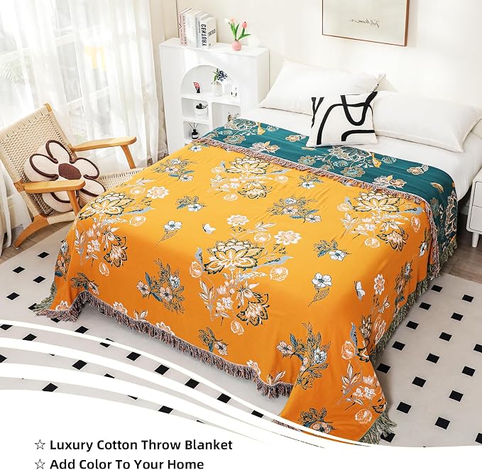 VANJOROY Boho Throw Blanket, 100% Organic Cotton Breathable Skin-Friendly Ultra Soft 50" x 60" Bed Yellow Throw - Floral Rustic Decor Luxury Reversible Blanket for Sofa Couch Chair and Gift,