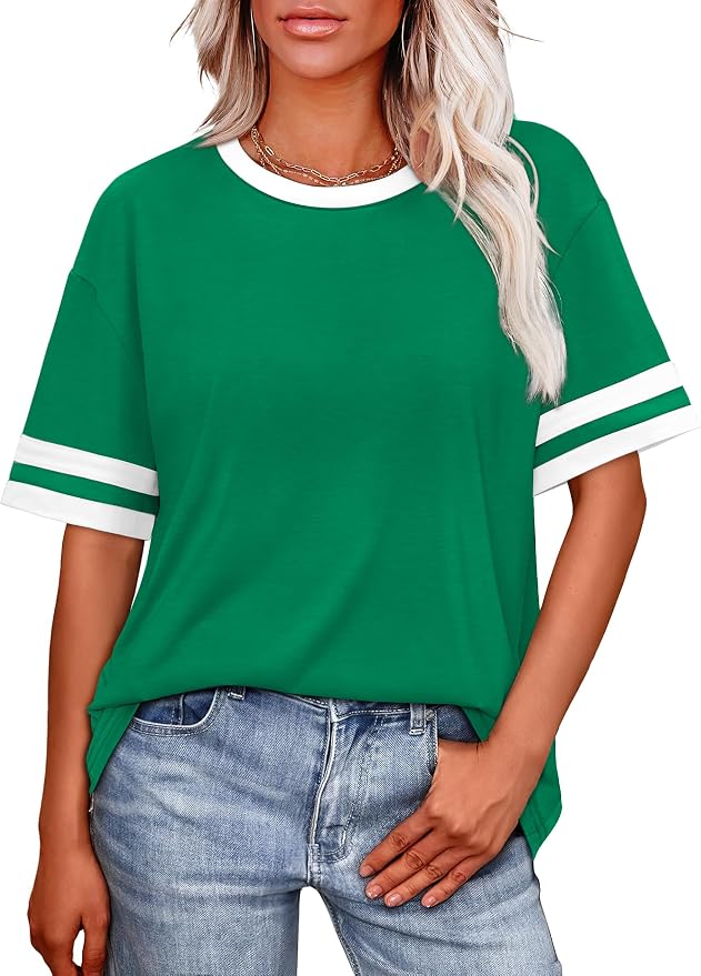 WIHOLL Womens T Shirts Loose Fit Short Sleeve Tees Crew Neck Color Block Summer Tops 2026 Fashion