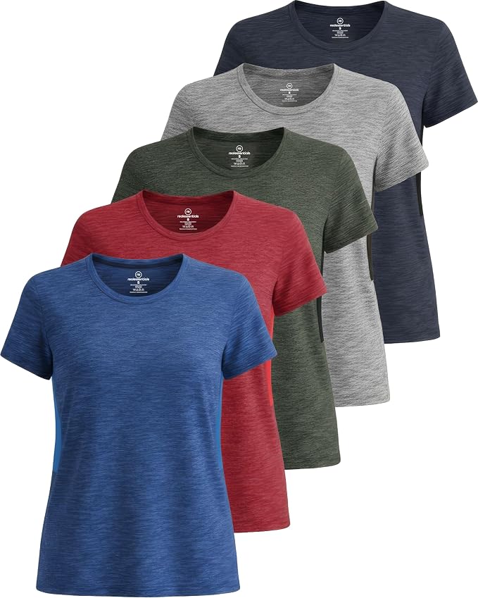 5 Pack Women's Dry Fit Short Sleeve Athletic Gym Workout Running Tops | Available in Plus Size, Exercise, Sports, Fitness, Quick Dry, Cooling, Moisture Wicking, Loose Basic Tees, Yoga, Pilates