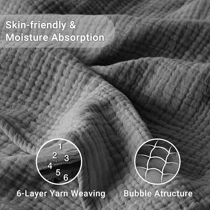 100% Cotton Muslin Blanket Twin 60" x 80", Breathable and Lightweight Cotton Twin Blankets for Couch, Soft Cooling Summer Gauze Blanket for Adults All Season, Dark Grey