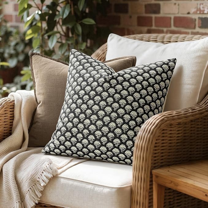 MIULEE Floral Print Decorative Euro Pillow Covers 22x22, Black | Vintage Boho Farmhouse Modern Home Decor, Set of 2, Block Print Cushion Covers for Couch Sofa Bed Living Room