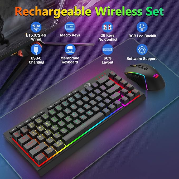Redragon Wireless Gaming Keyboard and Mouse Combo, 60% Portable, Black | Bluetooth/2.4G/USB-C Wired, RGB Backlit, Quiet Rechargeable Macro Membrane Keyboard & 12800 DPI Mouse for Win/MAC