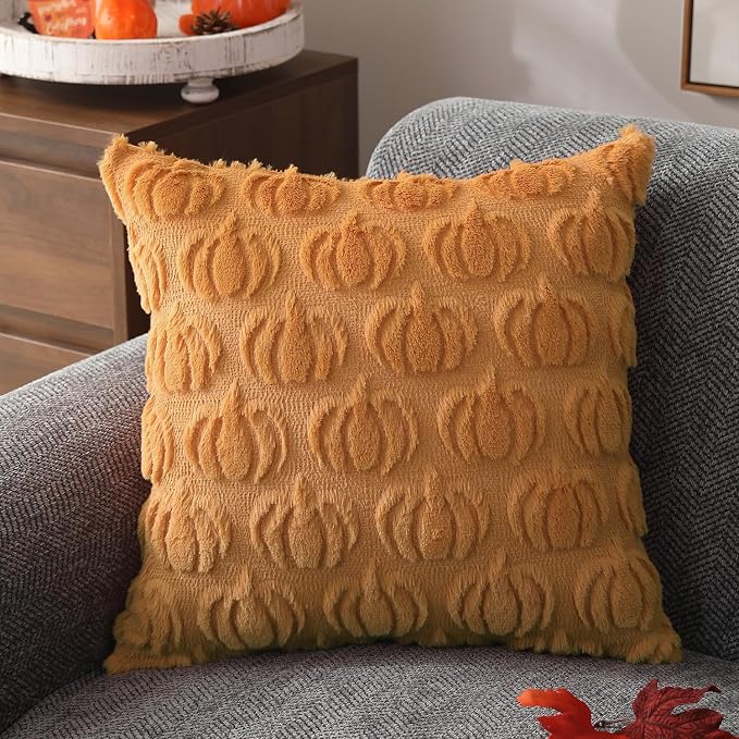 DFXSZ Fall Pillow Covers 18x18 2Pcs Light Orange Pumpkin Fall Decorations | Fall decor Set of 2 Throw Pillow Cases Soft Plush Faux Fur Wool Couch Cushion for Chair Sofa Bedroom Living Room Home Decor
