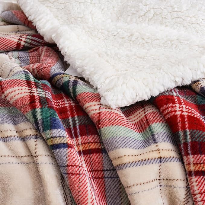 PU MEI Sherpa Fleece Throw Blanket 80" x 90" Reversible Plush Fluffy Large Big Blanket Lattice Flannel Blankets for All Season Use, Chrismas Red
