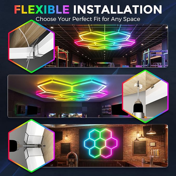 RGB Hexagon Garage Lights 7 Hex, Duplex Signal RGB Hexagon Led Lights with Music Sync Mode, Easy Setup RGB Ceiling Lights for Garage, Gym, Studio, Gaming Room, Party, Bar