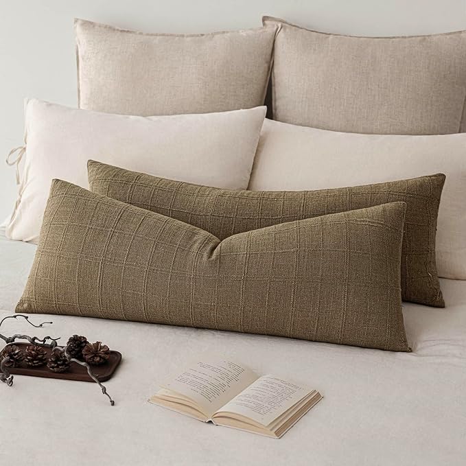 Foindtower Set of 2 Decorative Linen Check Throw Pillow Covers Neutral Long Body Lumbar Cushion Covers Farmhouse Vintage Boho Home Decor For Sofa Chair Couch Bedroom Living Room,14×36 Inch,Light Brown