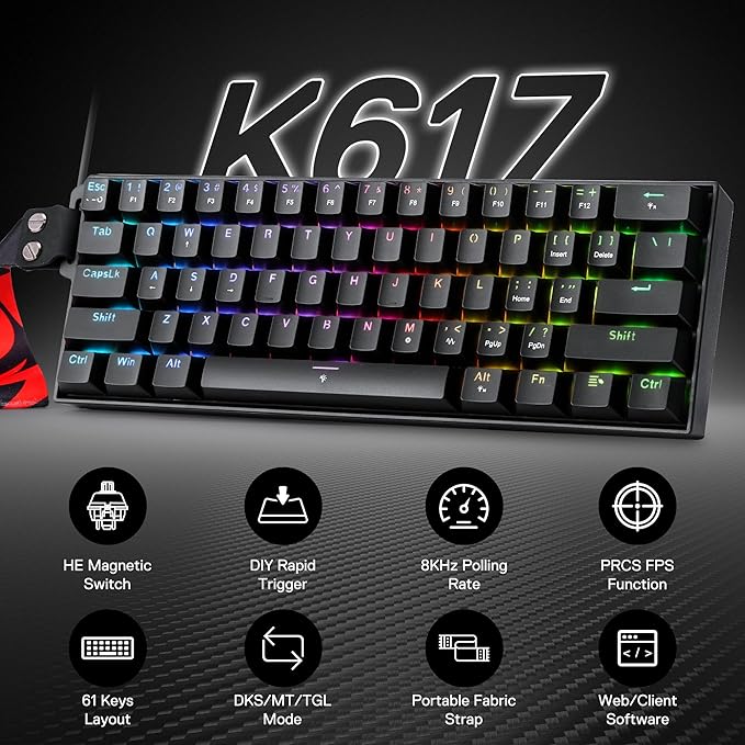Redragon K617 HE Wired Hall-Effect Rapid Trigger Magnetic Gaming Keyboard | 8K Polling Adjustable Actuation, 61 Keys Design for More Room to Aim, Swap-Ready Socket for Mod, RGB Pro Software Supported