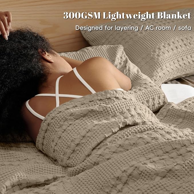 PHF 100% Cotton Waffle Weave Throw Blanket, Lightweight Breathable Summer Blanket for Couch Sofa, Pre-Washed Soft Throws for Bed, Office, Travel & Stylish Home Decor, 50"x60", Taupe