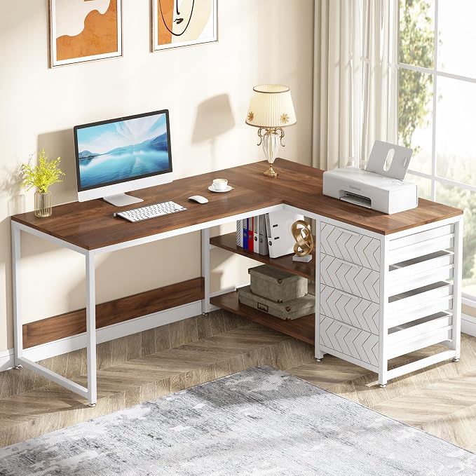 Tribesigns L Shaped Computer Desk with Storage Drawers, 59 inch Corner Desk with Shelves, Reversible L-Shaped Office Desk Study Writing Table Workstation for Home Office, Walnut & White