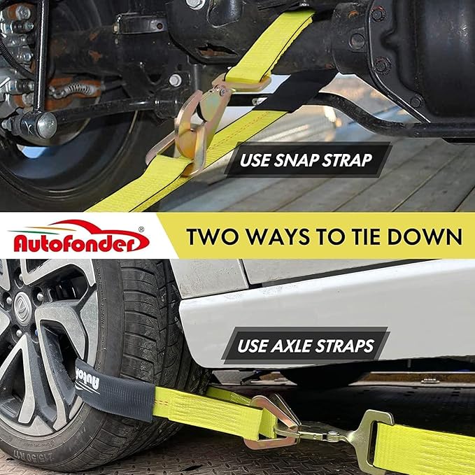 Heavy Duty Ratchet Tie Down Straps - 4 Pack Car Hauling Kit with Snap Hooks - 10,000 lbs Break Strength - Auto Transport Axle Straps with D-Ring - Professional Grade Vehicle Tie Downs