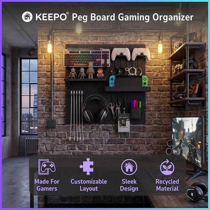 Keepo Peg Board Wall Organizer for Gaming Setup, Pegboard with Adhesives & Screw Mounts, Includes Peg Board Accessories for Gaming Accessories, Tech Storage & Office Organization (Black, 22″×22″)