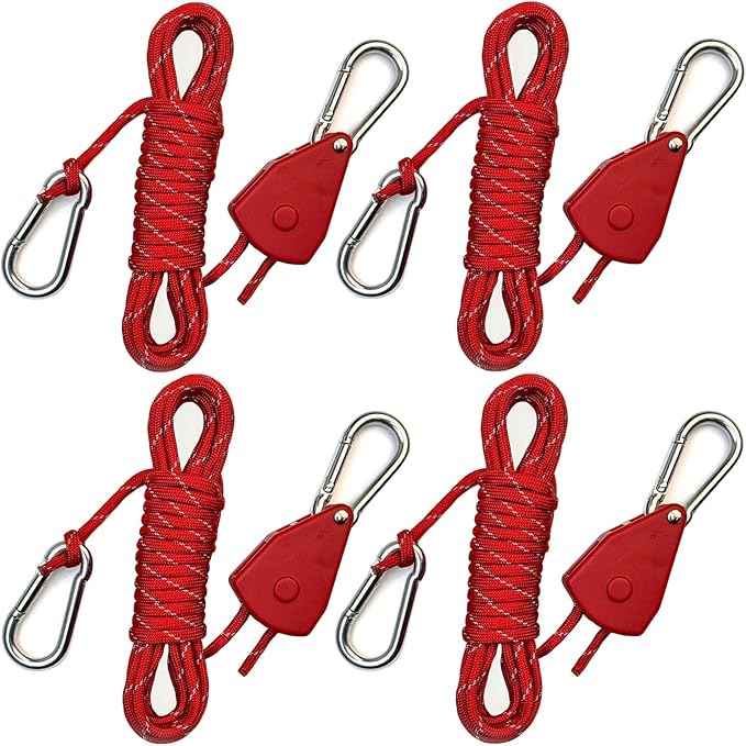 Longer 15ft Paracord Rope Tie Down Ratchet Strap Small Reflective Portable Adjustable Fix Camping Rope Tent Tarp Tie Downs Grow Plant Light Hangers Pulley Tightener Tensioner Adjuster 1/8in 4Pack